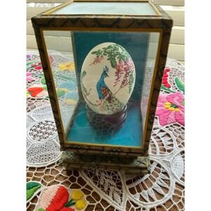 Vintage Hand Painted Egg - Peacock - Birds and Flowers With Display Case